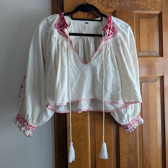 Free People Boho Embroidered Peasant Top | White Bohemian Festival Blouse - Picture 1 of 6